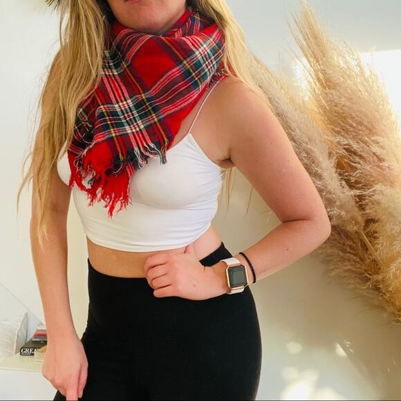 NORDSTROM Red White Acrylic Plaid Checked Tassel Fringe Oversize Fall Cozy Scarf - Picture 5 of 6